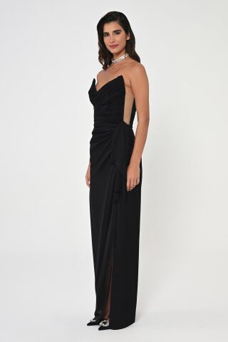 Straplez Üst Pliseli Yandan Yırtmaçlı Şifon Uzun Elbise Siyah - 44