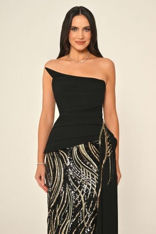 Straplez Üst Asimetrik Kesim Krep Eteği Payet Uzun Elbise