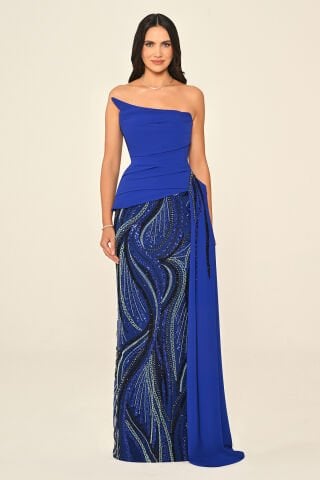 Straplez Üst Asimetrik Kesim Krep Eteği Payet Uzun Elbise