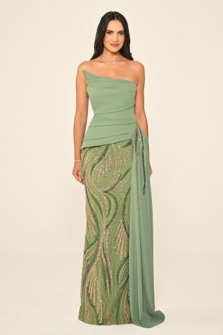 Straplez Üst Asimetrik Kesim Krep Eteği Payet Uzun Elbise