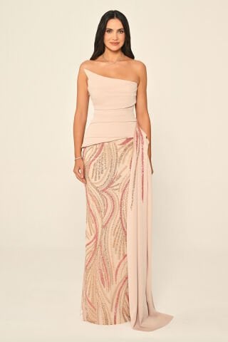 Straplez Üst Asimetrik Kesim Krep Eteği Payet Uzun Elbise