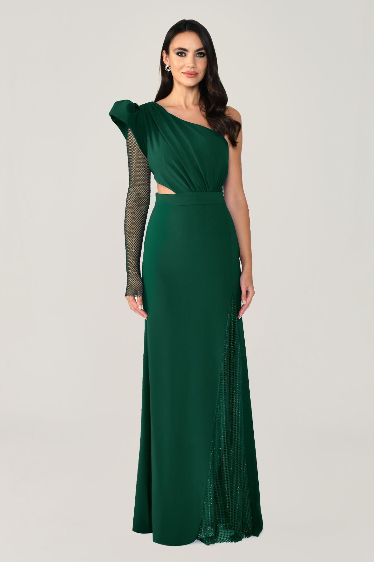 Tek Transparan Kol Yırtmaçlı Uzun Elbise ZÜMRÜT - 44