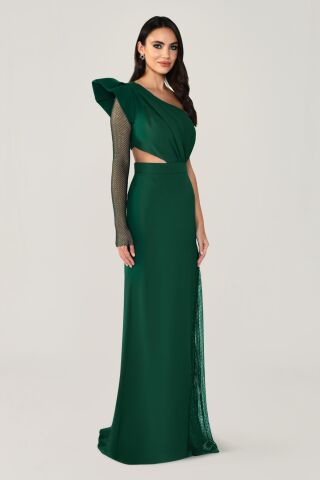 Tek Transparan Kol Yırtmaçlı Uzun Elbise ZÜMRÜT - 44