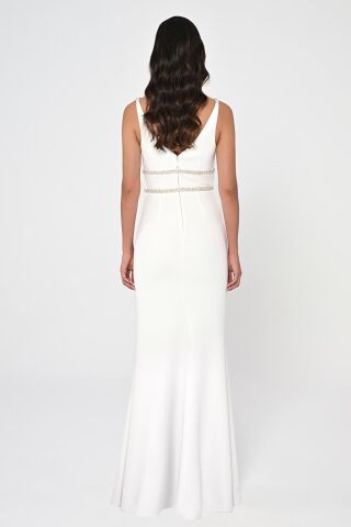 Derin V Yaka Beli İşlemeli Uzun Elbise Beyaz - 42