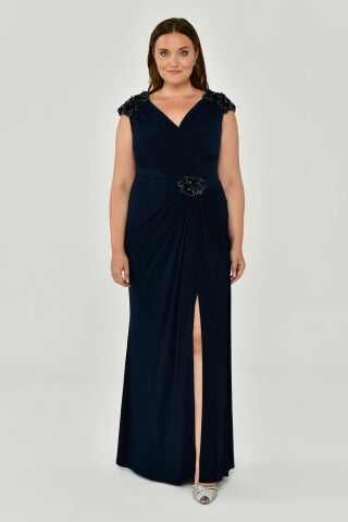 Kolsuz V Yaka Yırtmaçlı Uzun Elbise Lacivert - 44