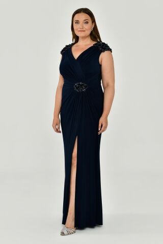 Kolsuz V Yaka Yırtmaçlı Uzun Elbise Lacivert - 44