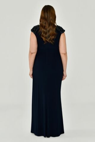 Kolsuz V Yaka Yırtmaçlı Uzun Elbise Lacivert - 44