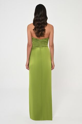 Straplez Üst Pliseli Yandan Yırtmaçlı Şifon Uzun Elbise Yeşil - 40