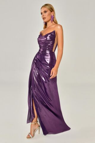 Straplez Parlak Kumaş Yandan Yırtmaçlı Uzun Elbise Mor - 36