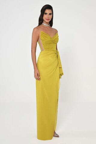 Straplez Üst Pliseli Yandan Yırtmaçlı Şifon Uzun Elbise OKSİT YEŞİL - 38