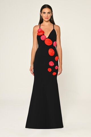 İnci Askılı Kalp Göğüs Çiçek Aksesuarlı Krep Uzun Elbise 38 - SİYAH / FUŞYA