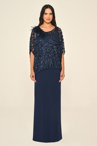 Üst Payet Omuz Çiçek Aksesuarlı Uzun Elbise