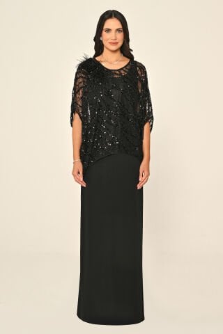 Üst Payet Omuz Çiçek Aksesuarlı Uzun Elbise