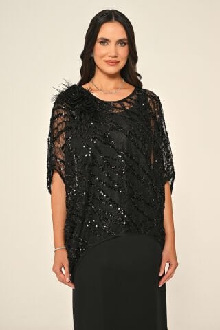 Üst Payet Omuz Çiçek Aksesuarlı Uzun Elbise