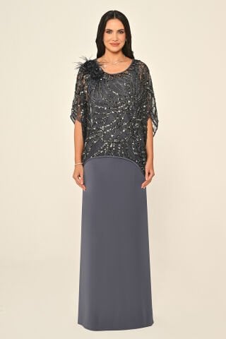 Üst Payet Omuz Çiçek Aksesuarlı Uzun Elbise