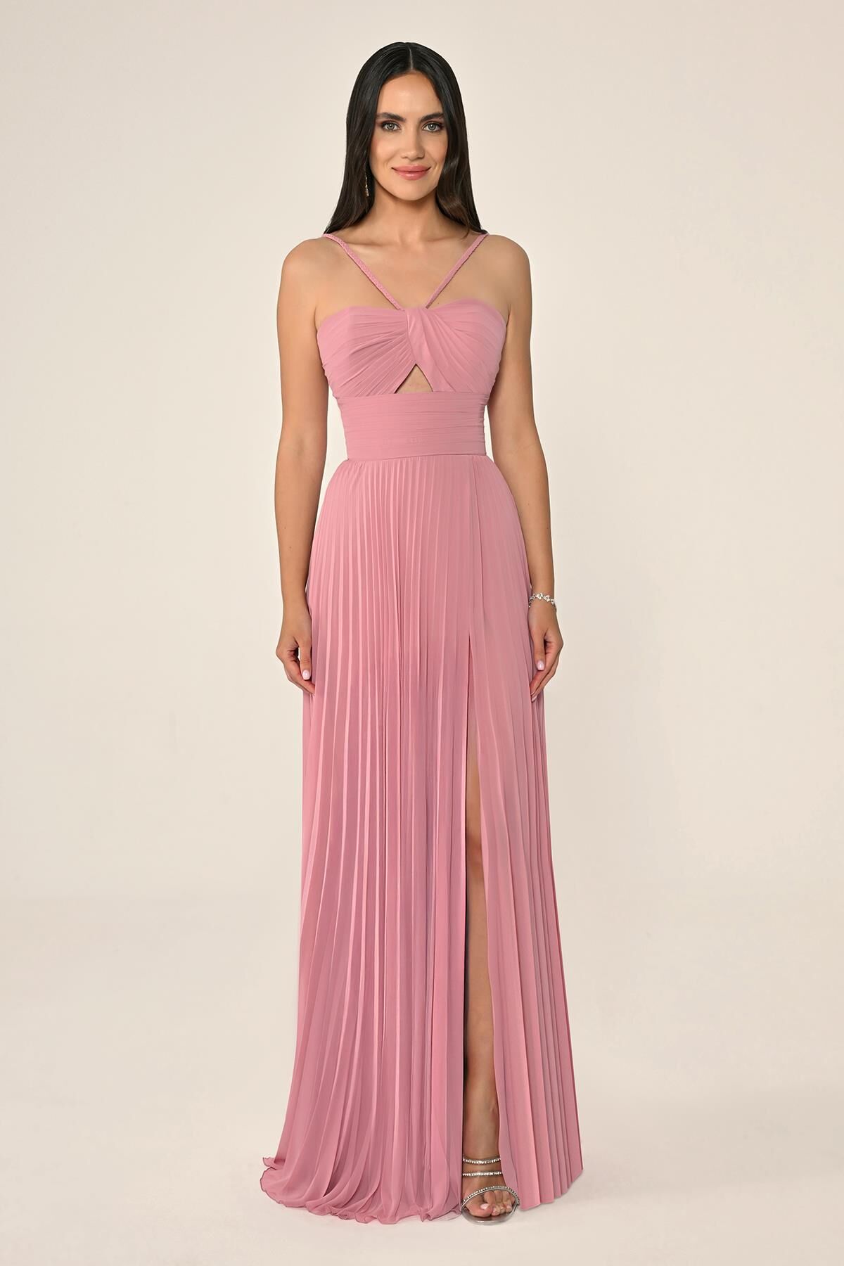 Örgü Askılı Pileli Şifon Uzun Elbise GÜL KURUSU - 38