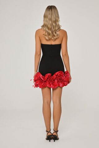 Straplez Kalp Göğüs Kısa Elbise SİYAH / KIRMIZI - 40