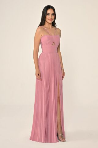 Örgü Askılı Pileli Şifon Uzun Elbise GÜL KURUSU - 40