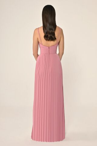 Örgü Askılı Pileli Şifon Uzun Elbise GÜL KURUSU - 40