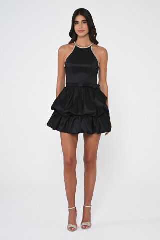 Taşlı Halter Yaka Balon Etek Tafta Kumaş Kısa Elbise Siyah - 42