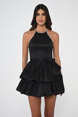 Taşlı Halter Yaka Balon Etek Tafta Kumaş Kısa Elbise Siyah - 42
