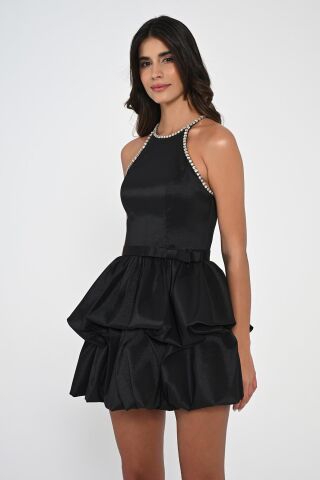 Taşlı Halter Yaka Balon Etek Tafta Kumaş Kısa Elbise Siyah - 42