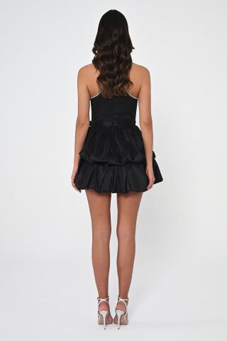 Taşlı Halter Yaka Balon Etek Tafta Kumaş Kısa Elbise Siyah - 42