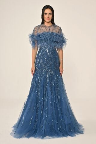 Üst Tüylü Çıkarılabilen 2 Kombinli Payet Uzun Elbise