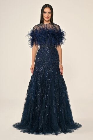 Üst Tüylü Çıkarılabilen 2 Kombinli Payet Uzun Elbise