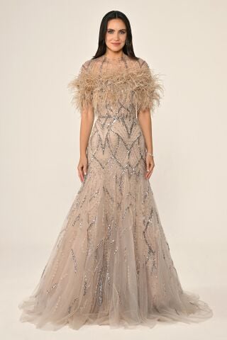 Üst Tüylü Çıkarılabilen 2 Kombinli Payet Uzun Elbise