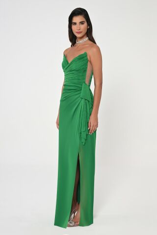 Straplez Üst Pliseli Yandan Yırtmaçlı Şifon Uzun Elbise A.ZÜMRÜT - 40