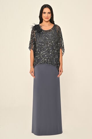 Üst Payet Omuz Çiçek Aksesuarlı Uzun Elbise ANTRASİT - 46