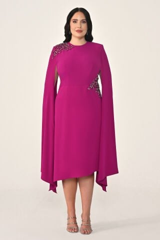 Şal Kollu Bel ve Omuz Aksesuarlı Örme Kumaş Midi Elbise