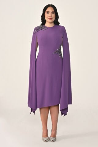 Şal Kollu Bel ve Omuz Aksesuarlı Örme Kumaş Midi Elbise