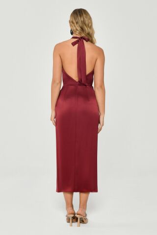 Neckholder-Midikleid aus Satin mit Wasserfallausschnitt, Weinrot – 38