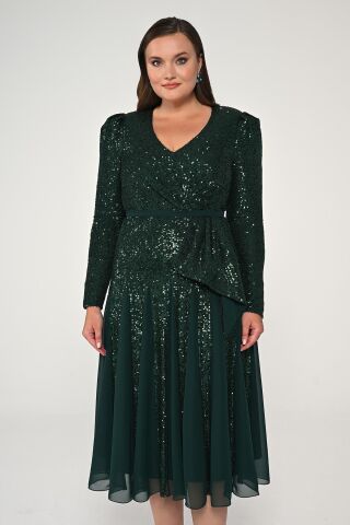 V Yaka Uzun Kollu Payet Midi Elbise ZÜMRÜT - 48