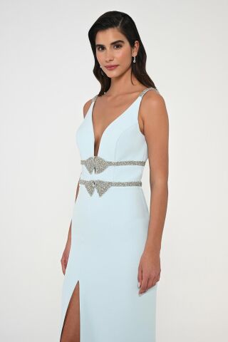 Derin V Yaka Beli İşlemeli Uzun Elbise AÇIK MAVİ - 40