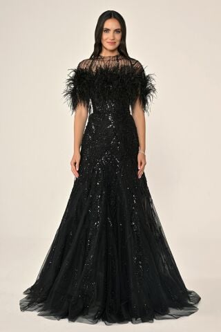Üst Tüylü Çıkarılabilen 2 Kombinli Payet Uzun Elbise Siyah - 38
