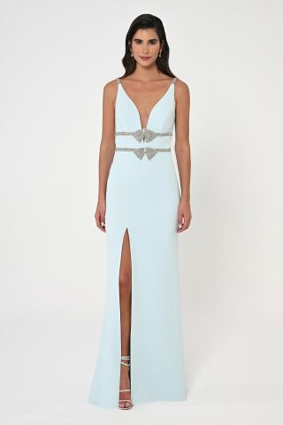 Derin V Yaka Beli İşlemeli Uzun Elbise AÇIK MAVİ - 42