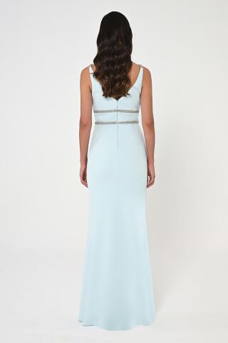 Derin V Yaka Beli İşlemeli Uzun Elbise AÇIK MAVİ - 42