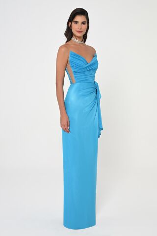 Straplez Üst Pliseli Yandan Yırtmaçlı Şifon Uzun Elbise A.TURKUAZ - 40