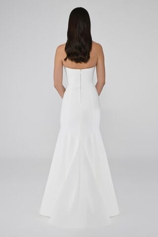 Straplez Kalp Göğüs Önden Yırtmaçlı Krep Uzun Elbise Beyaz - 36