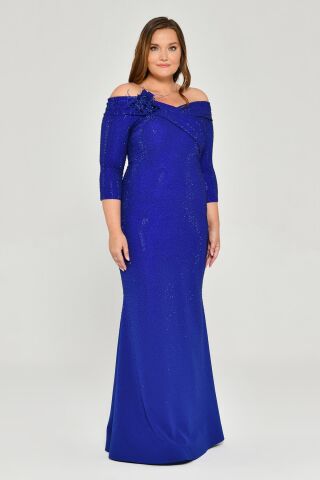 Düşük Omuz Çiçek Aksesuarlı Boncuklu Kumaş Uzun Elbise SAKS - 42