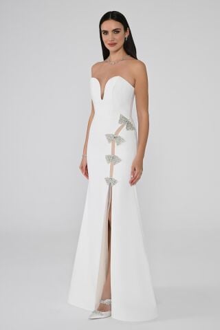 Straplez Kalp Göğüs Önden Yırtmaçlı Krep Uzun Elbise Beyaz - 40