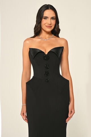 Straplez Boncuk Düğmeli Krep Uzun Elbise