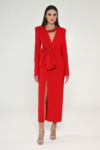 Uzun Kollu Vatkalı V Yaka Önden Yırtmaçlı Midi Elbise Kırmızı - 46