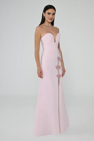 Straplez Kalp Göğüs Önden Yırtmaçlı Krep Uzun Elbise Pembe - 38