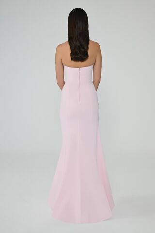 Straplez Kalp Göğüs Önden Yırtmaçlı Krep Uzun Elbise Pembe - 38