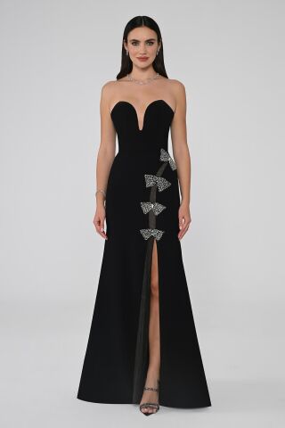 Straplez Kalp Göğüs Önden Yırtmaçlı Krep Uzun Elbise Siyah - 36