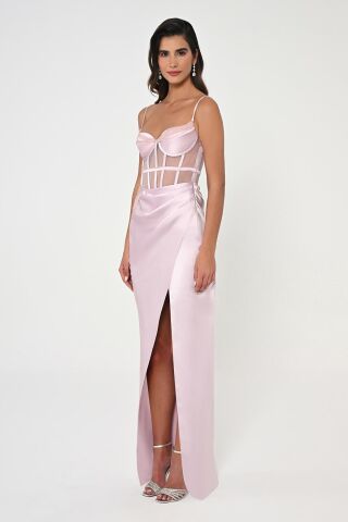 İp Askılı Korse Bel Önden Yırtmaçlı Saten Uzun Elbise Pudra - 38
